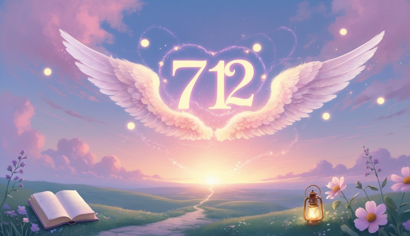 A glowing cluster of the numbers 7, 1, and 2 surrounded by angel wings and light orbs above a peaceful path leading to a bright horizon at dawn.