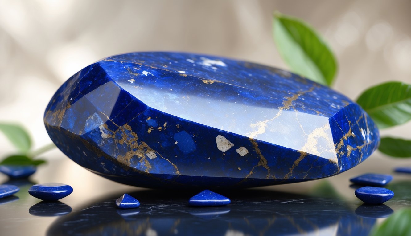 A polished blue lapis lazuli gemstone with gold and white flecks resting on a dark surface, surrounded by small stone chips and green leaves.