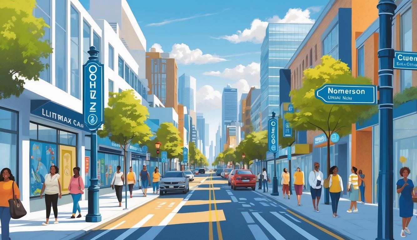 A lively city street scene showing diverse people walking among buildings with street signs named after cultural and historical figures, highlighting the connection between street names and community identity.