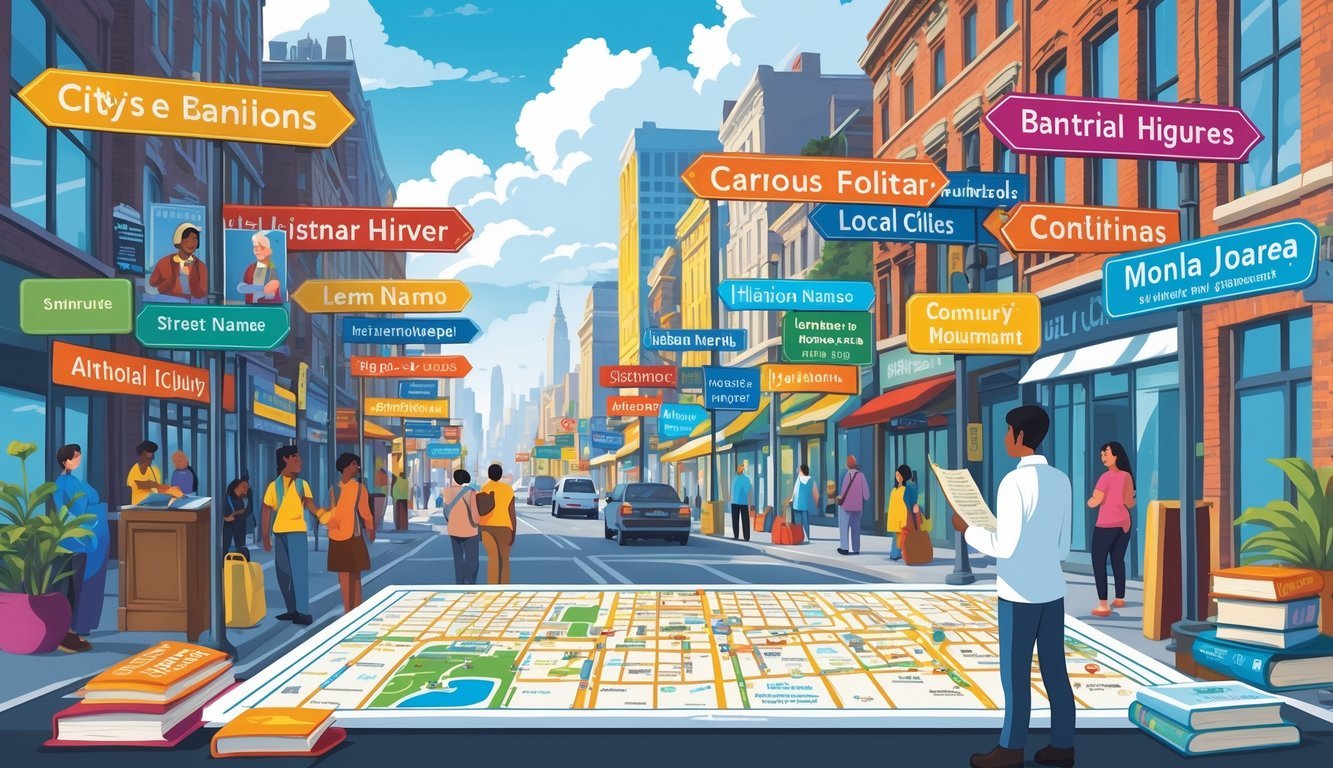 A city street scene showing diverse street signs named after cultural figures and traditions, with people walking and a researcher studying a city map.
