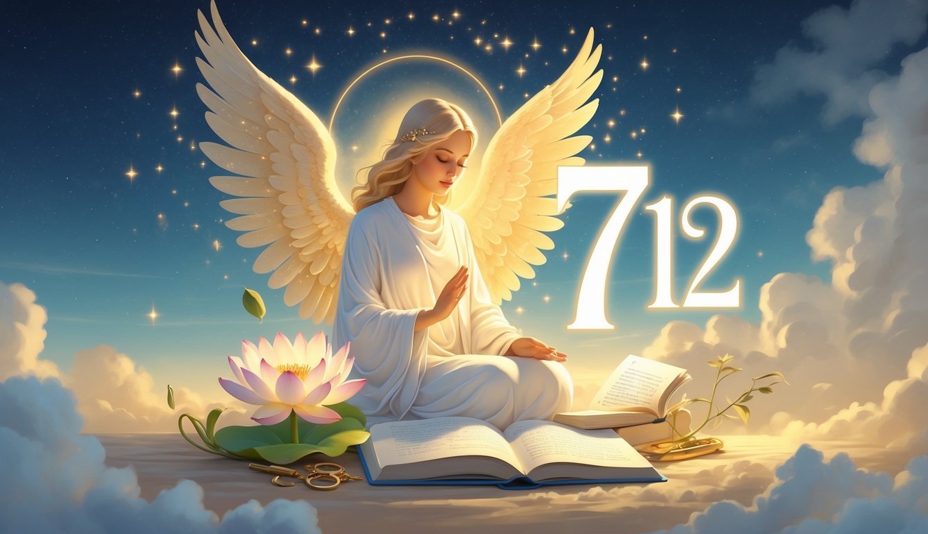 An angelic figure glowing softly with ethereal wings, surrounded by symbols of growth and spiritual awakening, under a starry sky with the number 712 formed by stars.