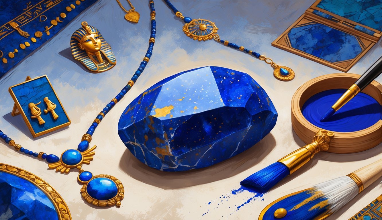 A polished blue lapis lazuli stone surrounded by ancient jewelry, a scribe painting with blue pigment, and an artist's palette with blue paint, symbolizing the stone's cultural significance and uses.