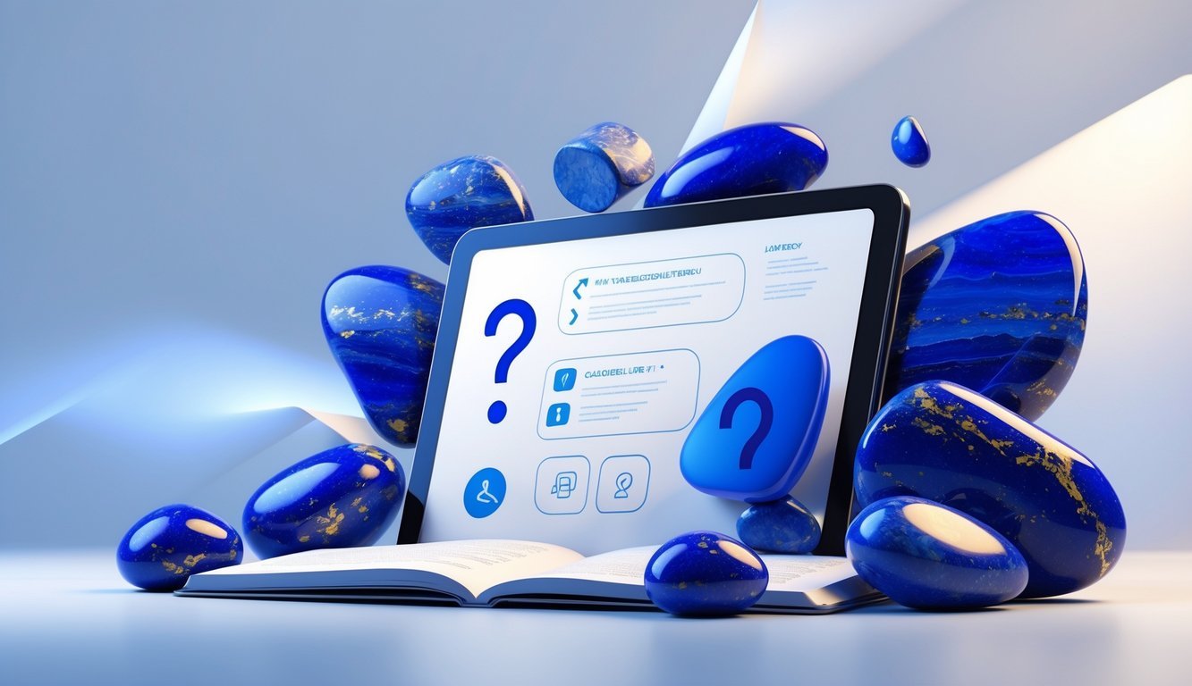 An open book or tablet surrounded by polished deep blue lapis lazuli stones with abstract question and information icons in the background.