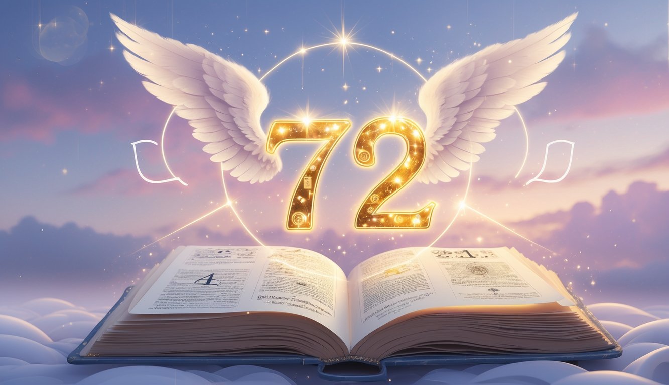 A glowing number 712 floating above an open ancient book with soft light beams and angel wings in a calm pastel-colored sky.