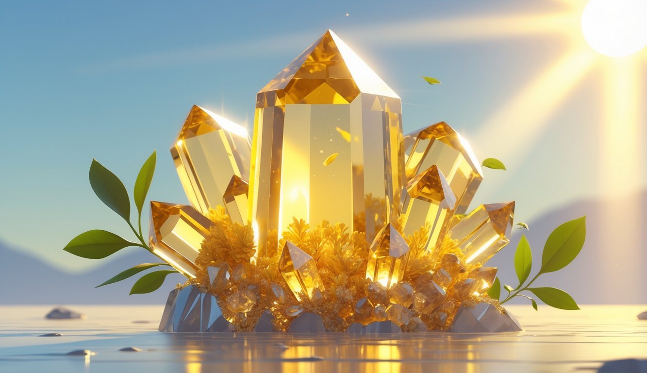 A glowing golden-yellow citrine crystal illuminated by warm sunlight with sun rays in the background and green leaves nearby.