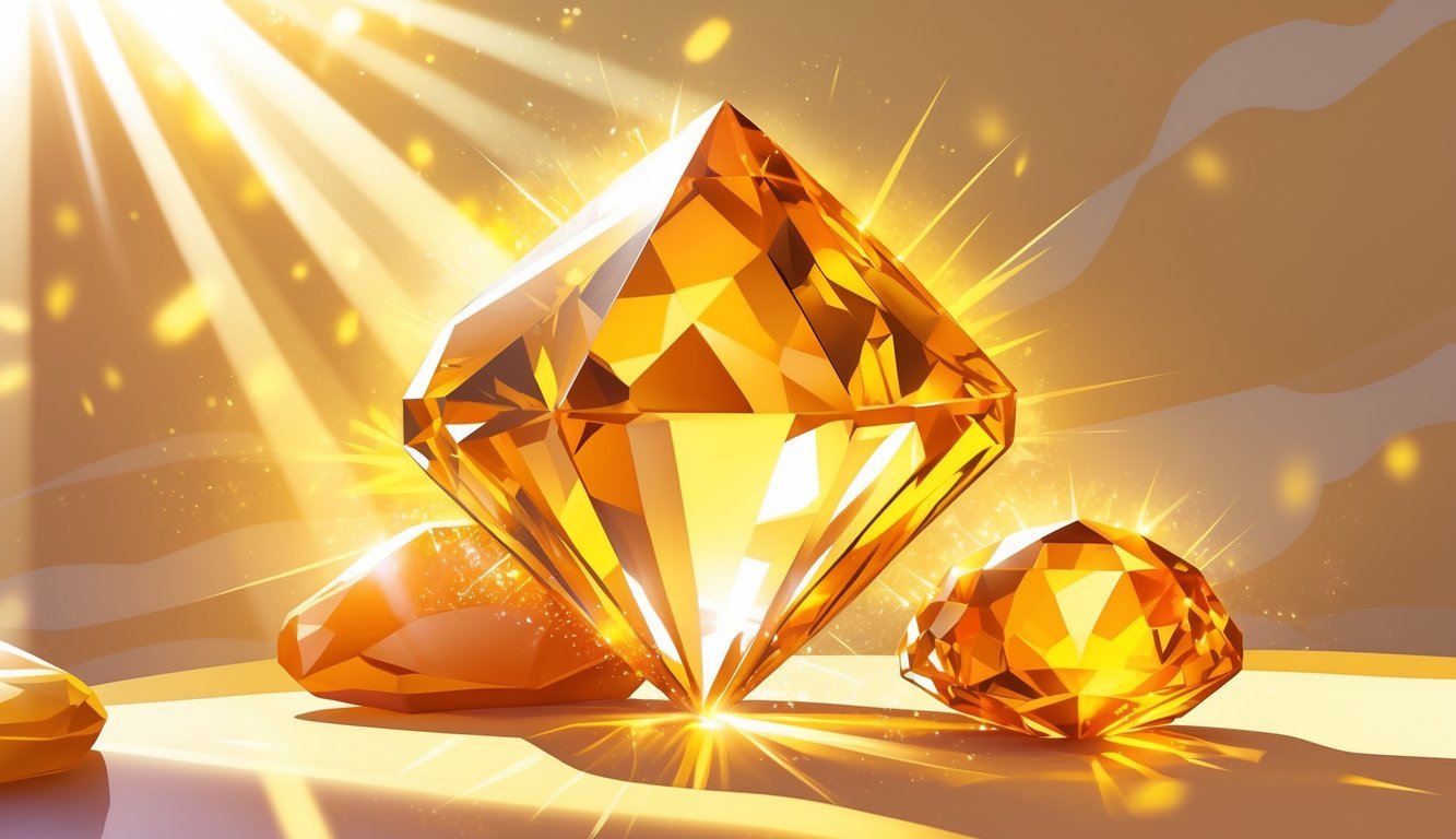 A glowing golden-yellow citrine crystal next to a smooth orange-yellow sunny stone with warm sunlight rays shining around them.