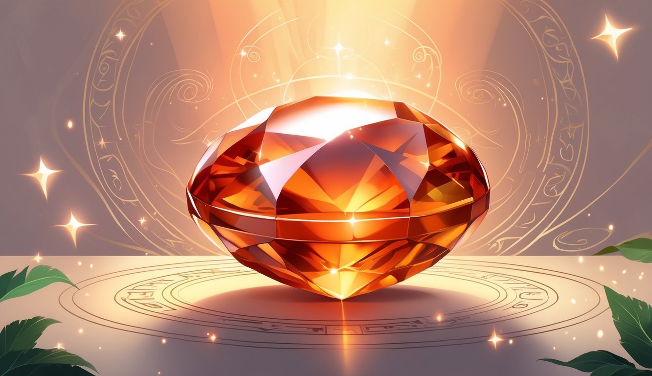 A polished carnelian gemstone glowing warmly with surrounding mystical auras and ancient symbols in the background.