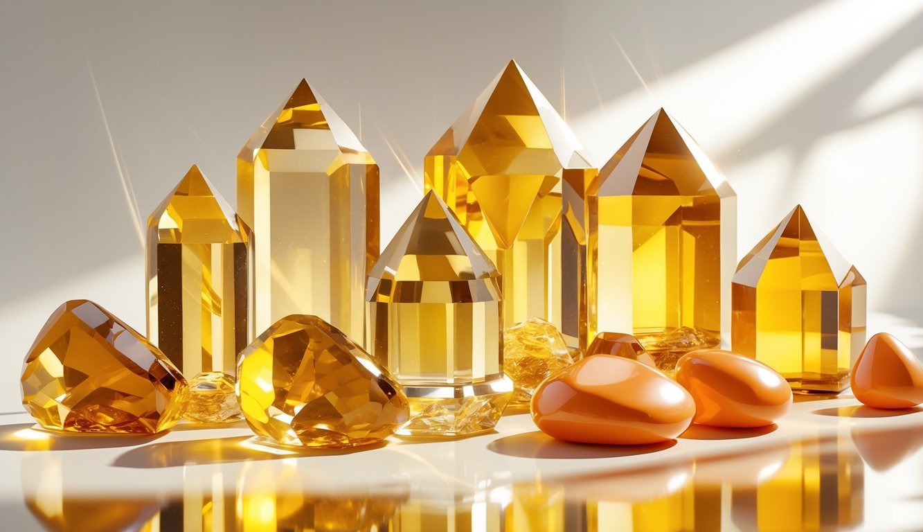 An arrangement of golden-yellow citrine crystals and bright orange sunny stones on a smooth surface with soft lighting.