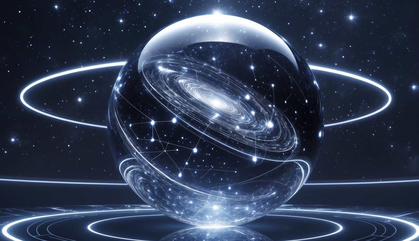 A large translucent crystal sphere with glowing internal patterns floating in a dark starry space surrounded by rings of light.