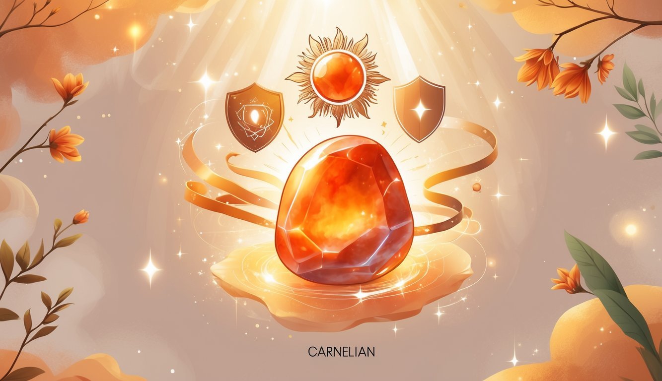 A glowing carnelian gemstone surrounded by symbols of vitality, protection, creativity, and natural elements, set against a warm, mystical background.