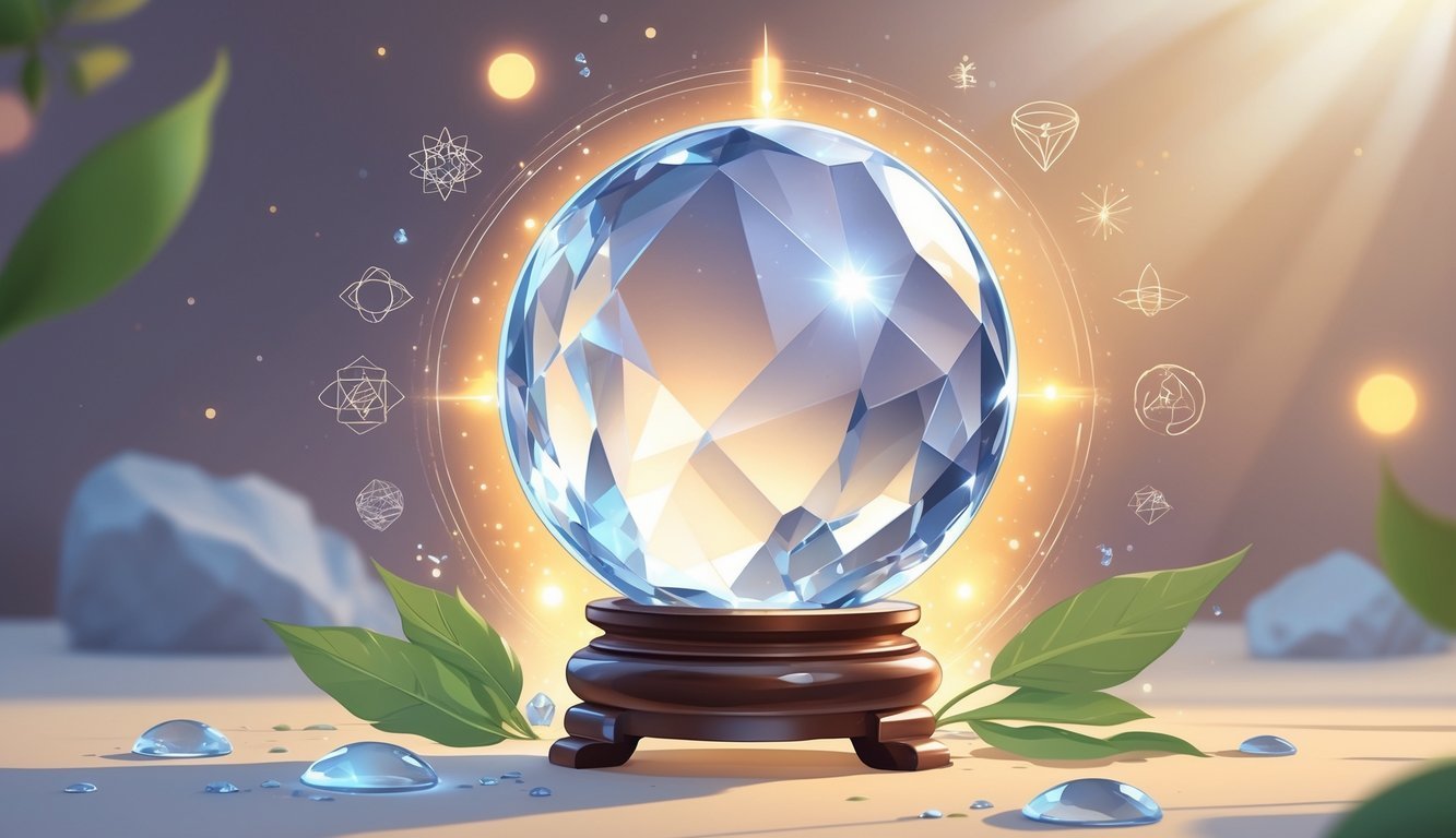A crystal sphere on a wooden stand surrounded by symbols of meditation, healing energy, spiritual patterns, and natural elements.