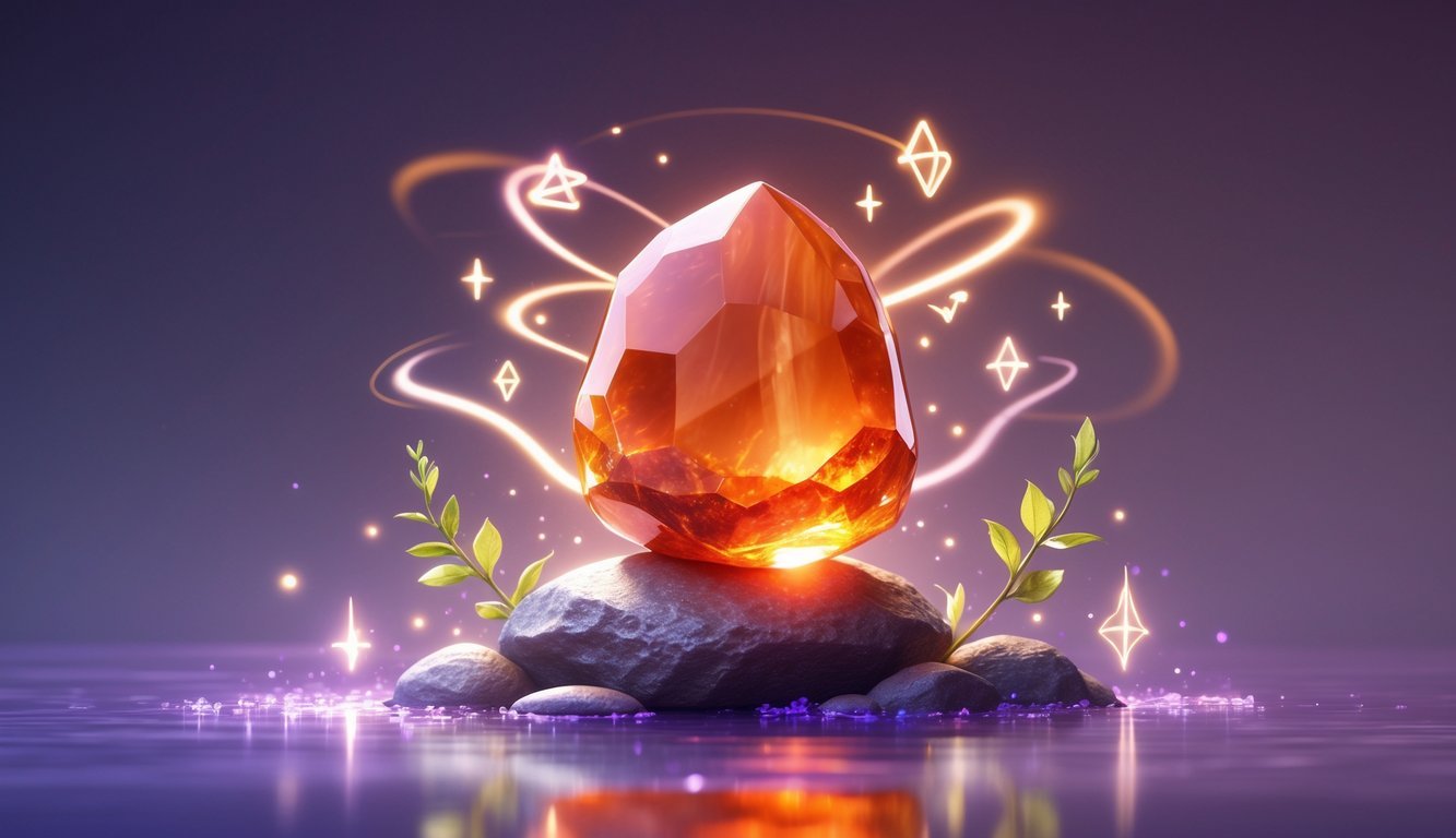A glowing carnelian gemstone surrounded by magical symbols and soft light, with subtle plants around its base.