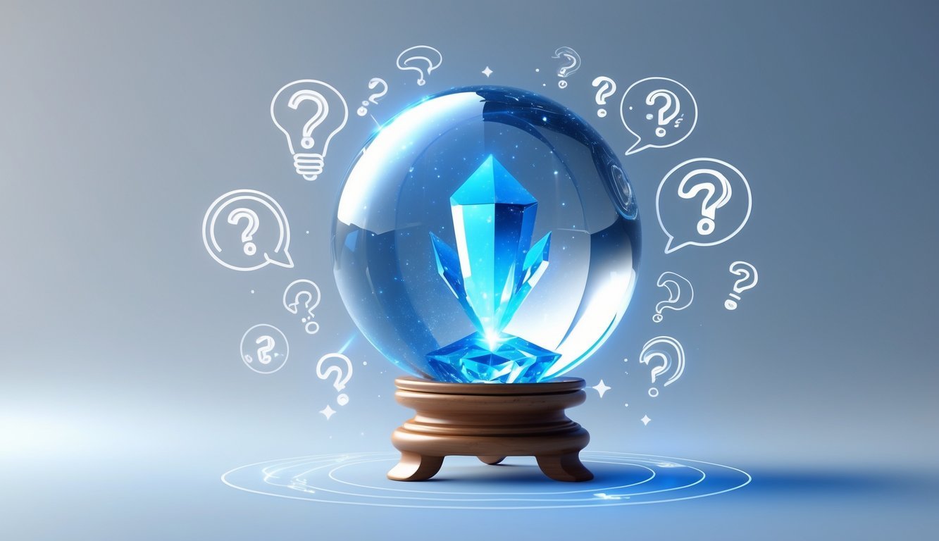 A glowing crystal sphere on a wooden stand surrounded by floating question and answer symbols against a soft blue and white background.