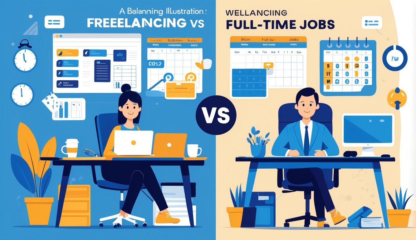A split scene showing a freelance worker in a casual home office on one side and a full-time employee in a formal office on the other, with symbols representing the advantages and disadvantages of each work style.