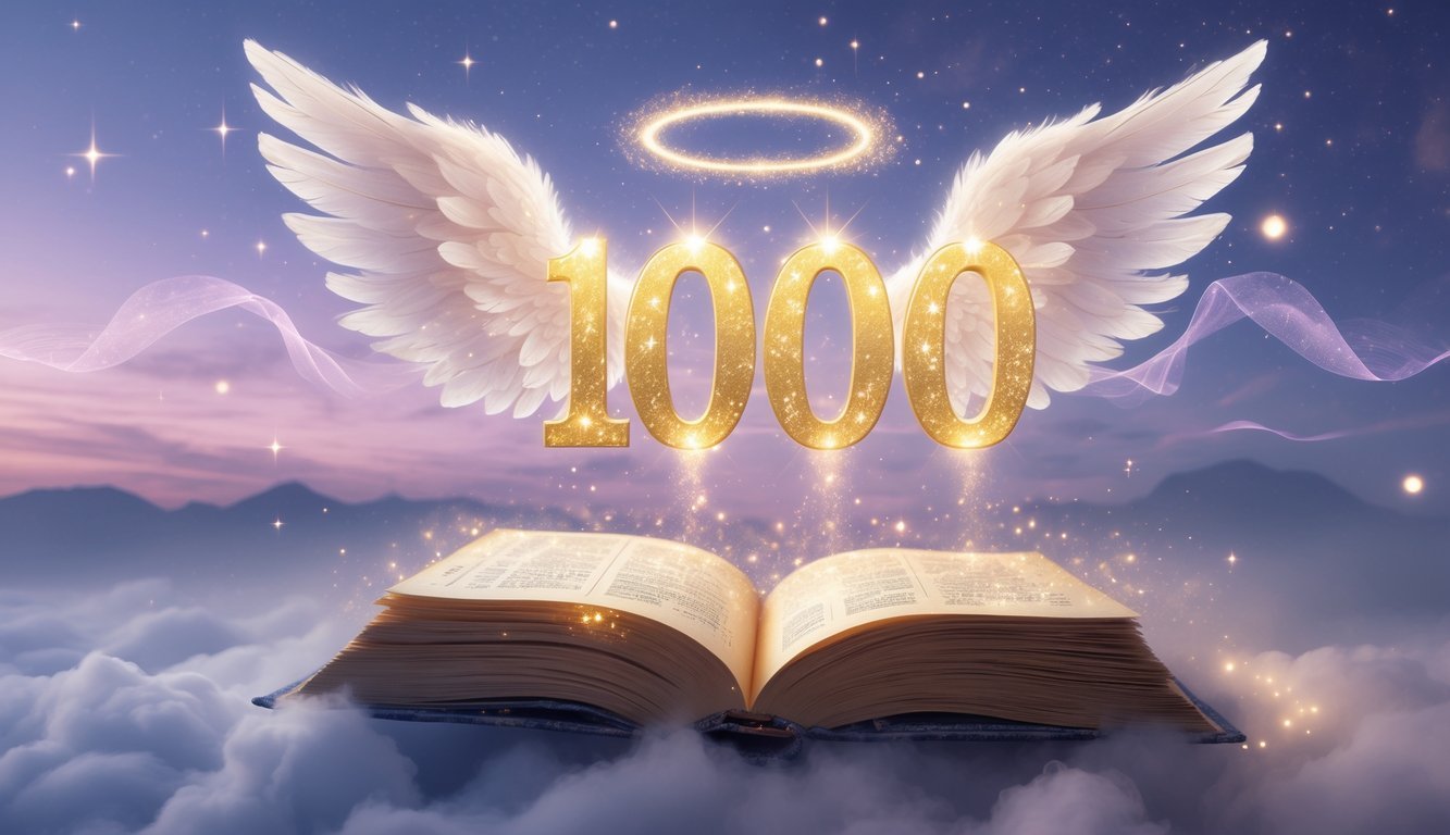 A glowing number 1000 floating above an open ancient book with angel wings and a starry twilight sky in the background.