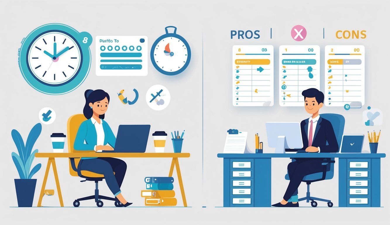 A split scene showing a freelancer working from home on a laptop and a full-time employee working in an office, with icons representing pros and cons between the two work styles.