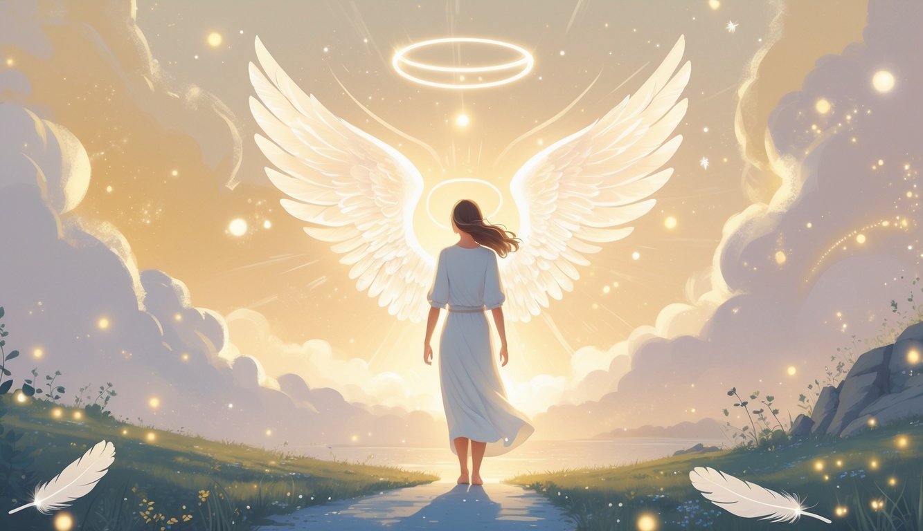 A peaceful figure standing outdoors at dawn surrounded by glowing lights and angelic symbols, with a winding path leading forward through a calm natural landscape.