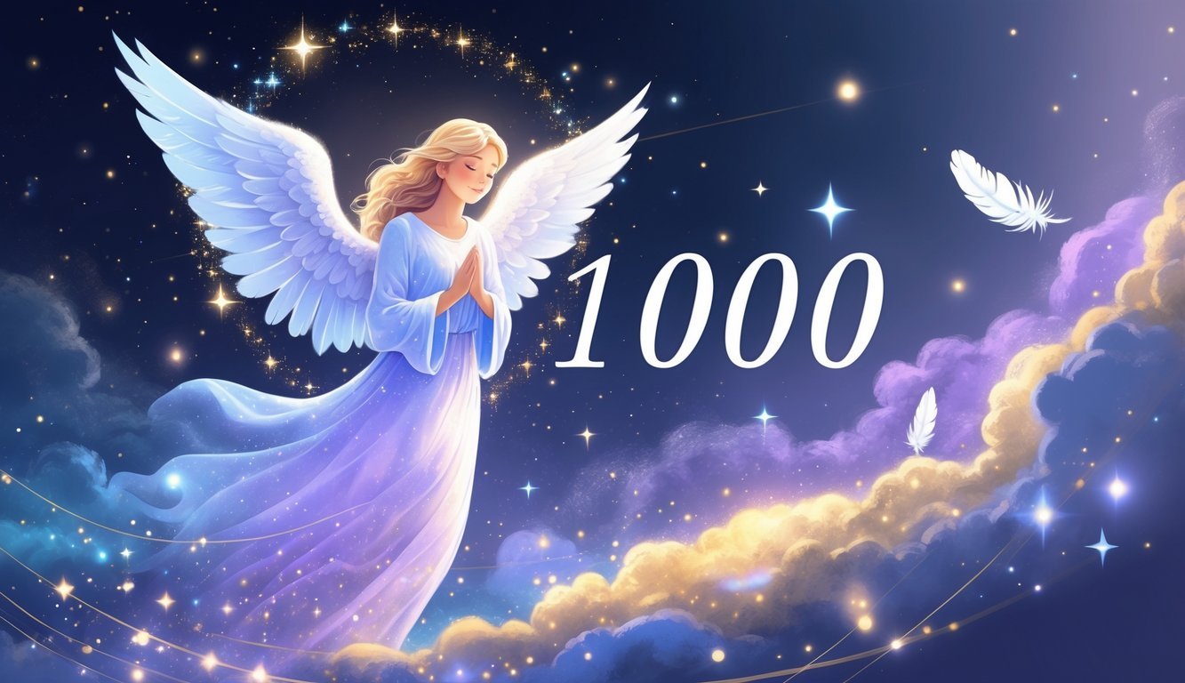 An angel with glowing wings floats above a starry, ethereal landscape with soft light and spiritual symbols surrounding the figure.