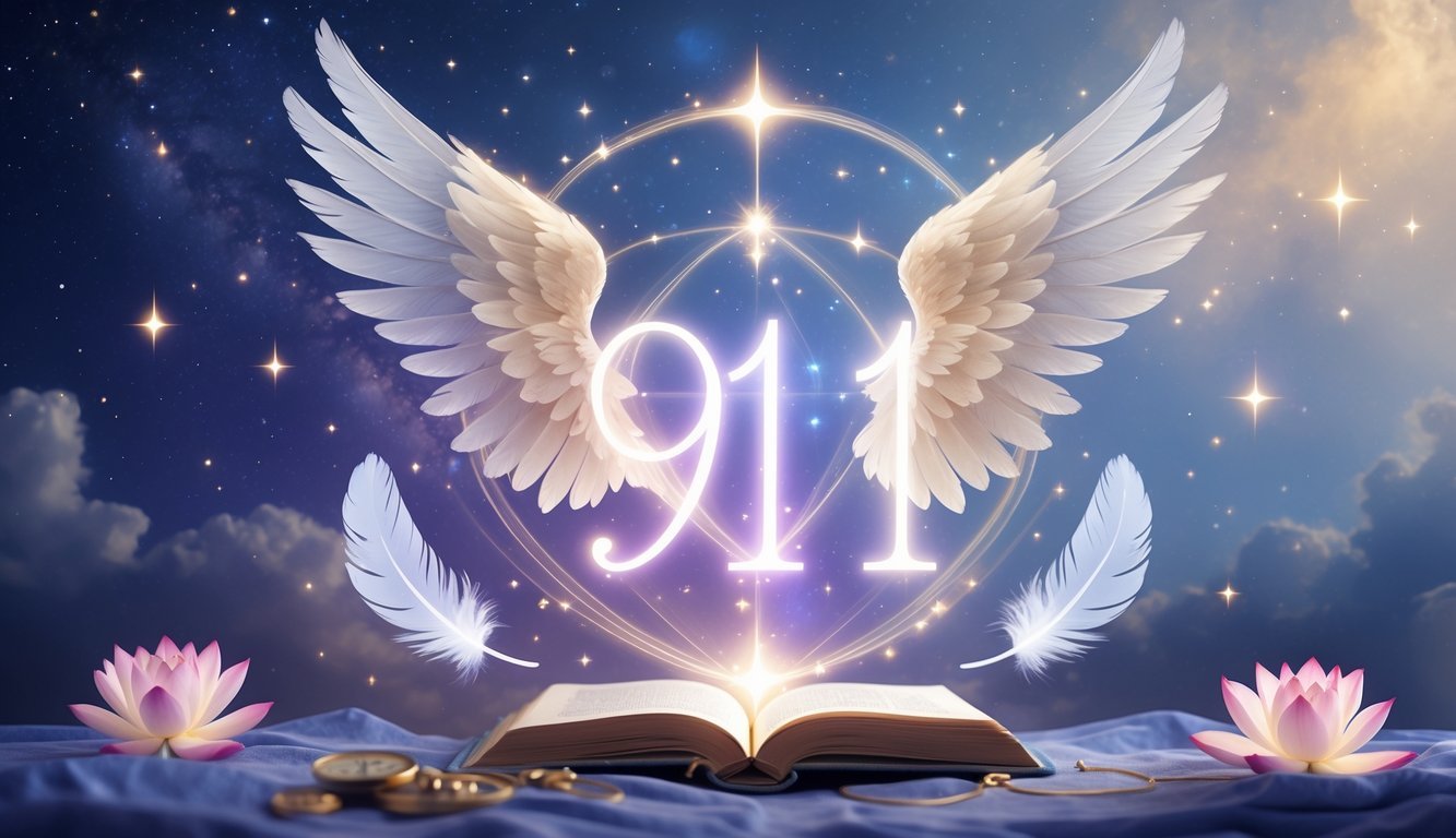 A glowing number 9191 made of light beams surrounded by angel wings, feathers, and spiritual symbols against a starry sky.
