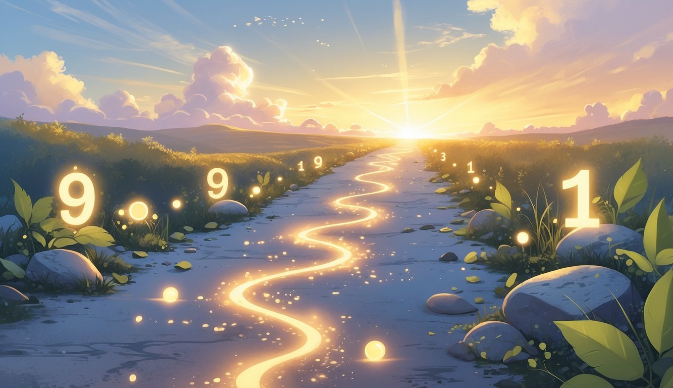 A winding path leading toward a bright horizon with glowing symbols and light rays, surrounded by natural elements representing guidance and a spiritual journey.