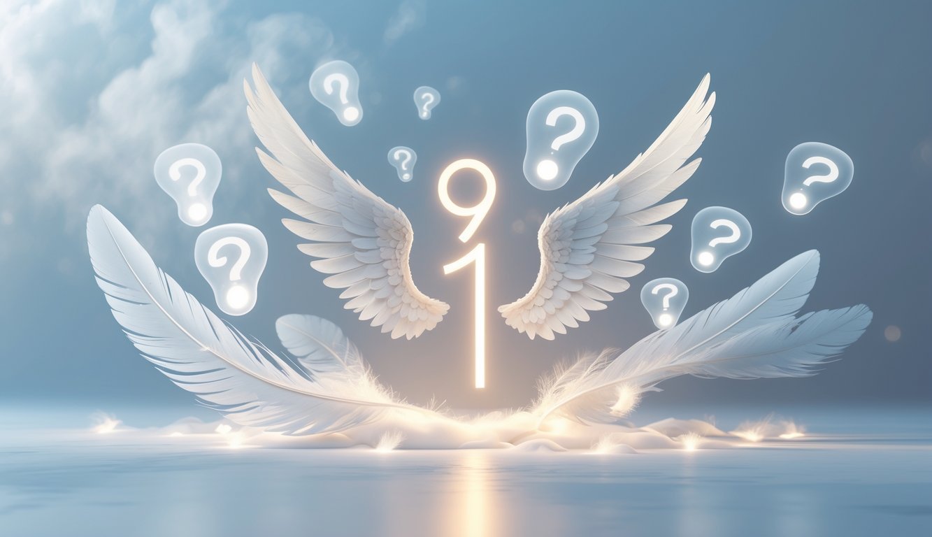 A glowing number 9191 with angel wings surrounded by floating question marks against a soft blue and white background.
