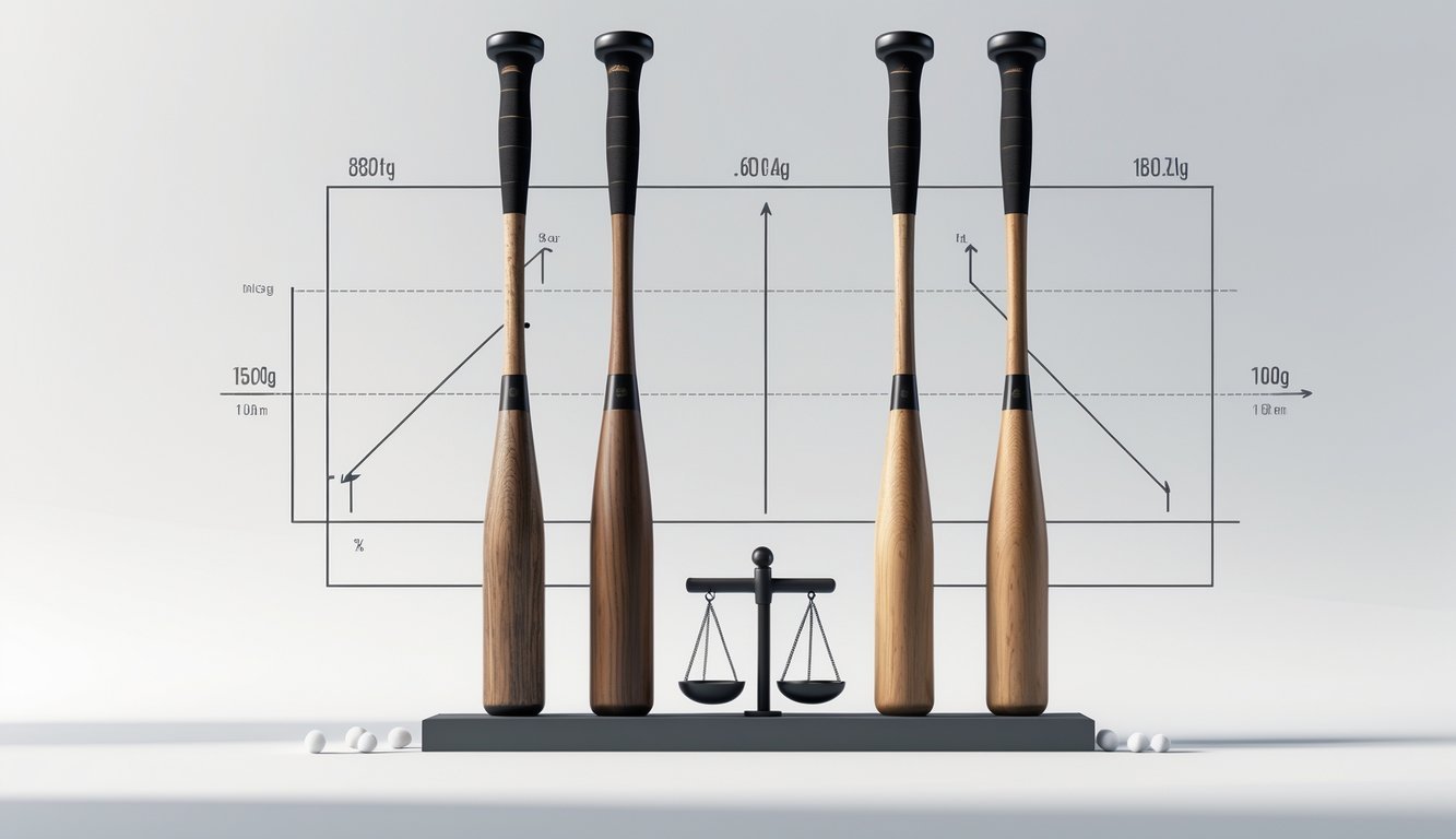 Three baseball bats of different weights displayed with scales showing their relative heaviness.