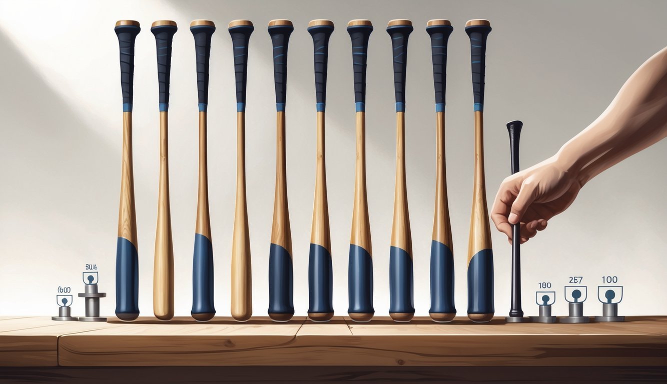 A hand selecting a baseball bat from several bats of different sizes and weights arranged on a wooden surface.