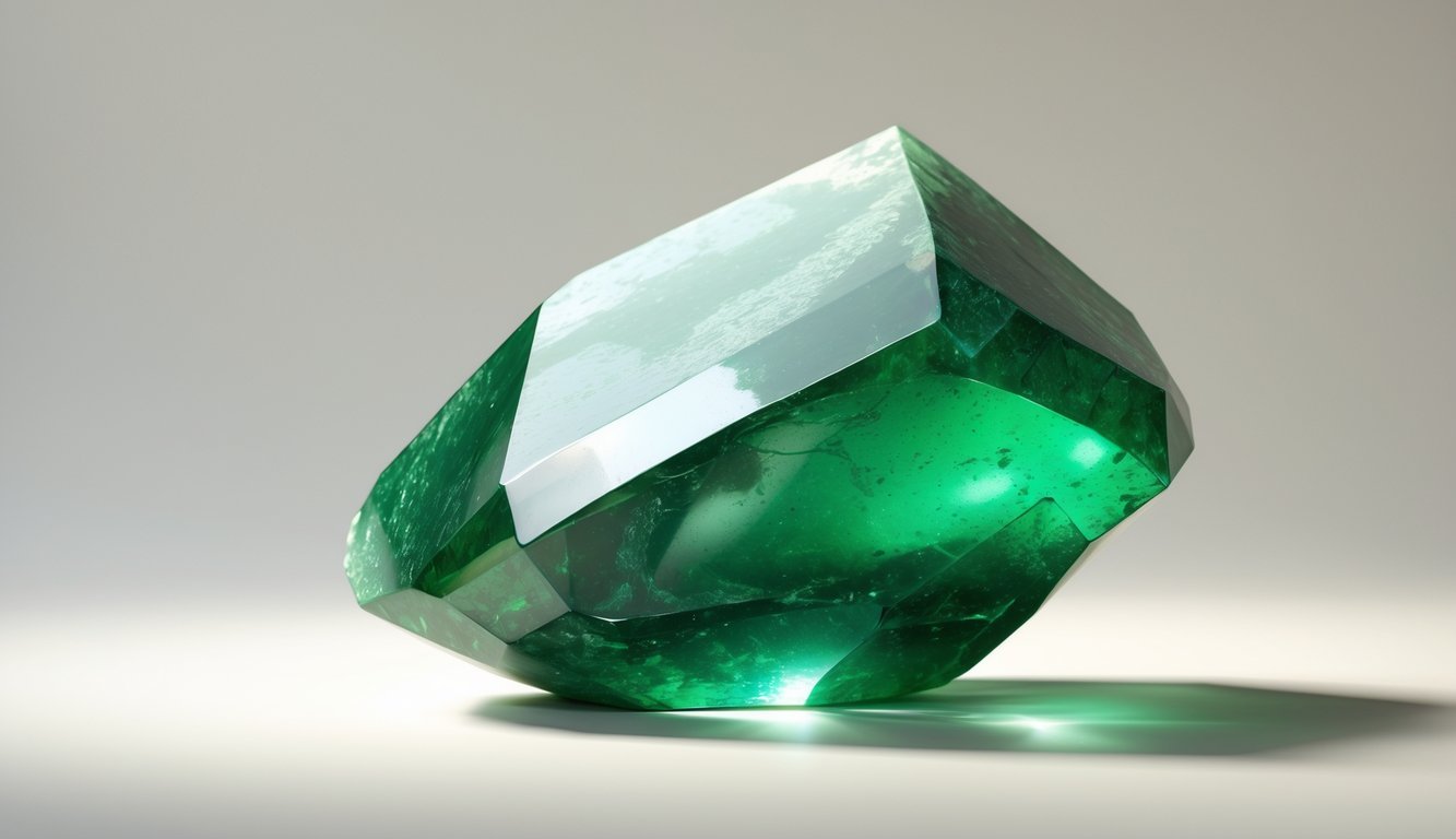 A polished green jade crystal with smooth facets and varying shades of green on a plain background.