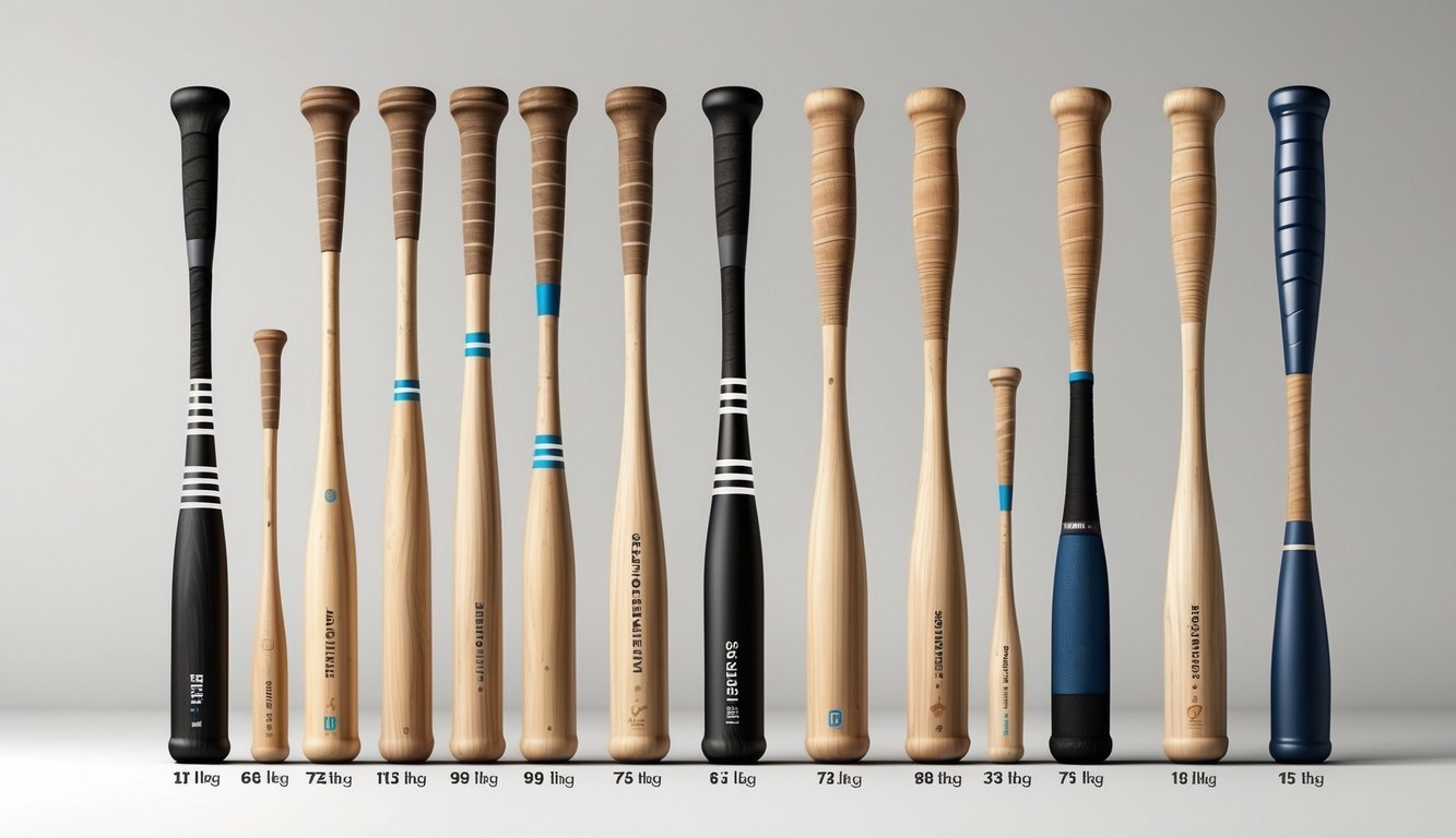 A lineup of different baseball bats showing variations in size and thickness to represent different weights.