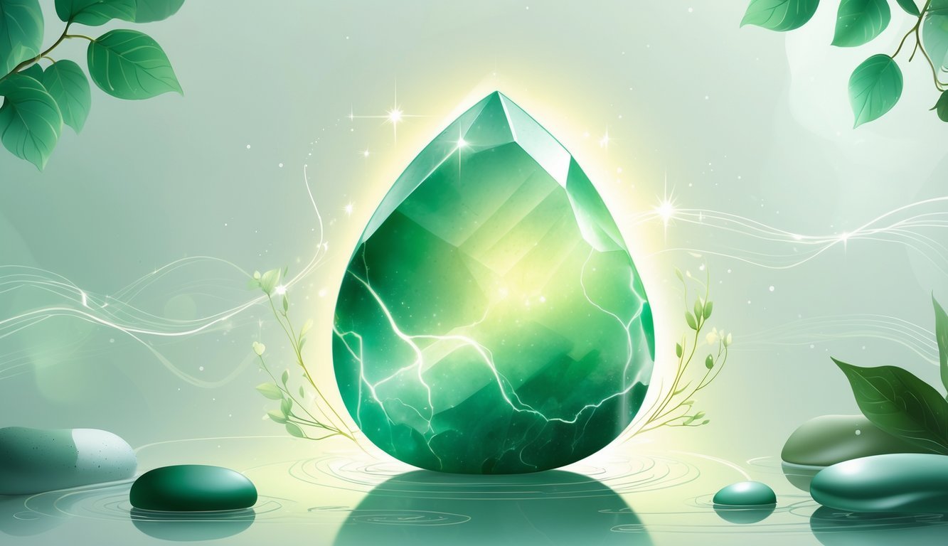 A polished green jade crystal glowing softly with light effects around it, surrounded by natural elements like leaves and water droplets.