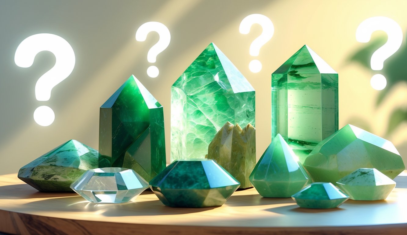 A group of polished jade crystals arranged on a wooden surface with soft glowing question marks in the background.