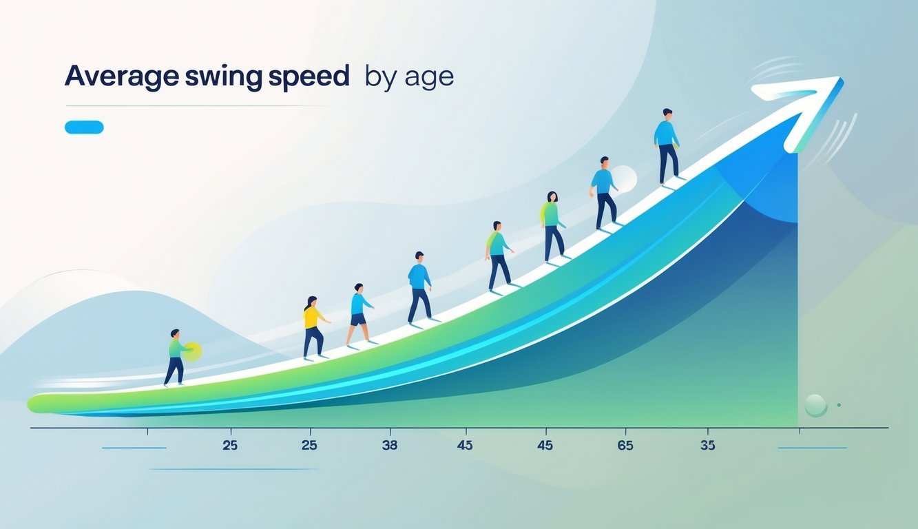 A clean line graph showing how swing speed changes across different ages, with icons representing various age groups along the curve.