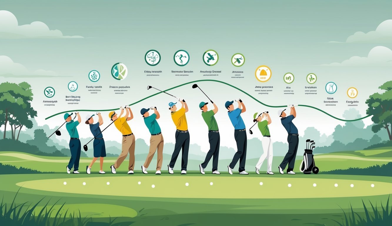 Illustration showing golfers of different ages swinging clubs with icons representing factors affecting swing speed and a line graph indicating changes across ages.