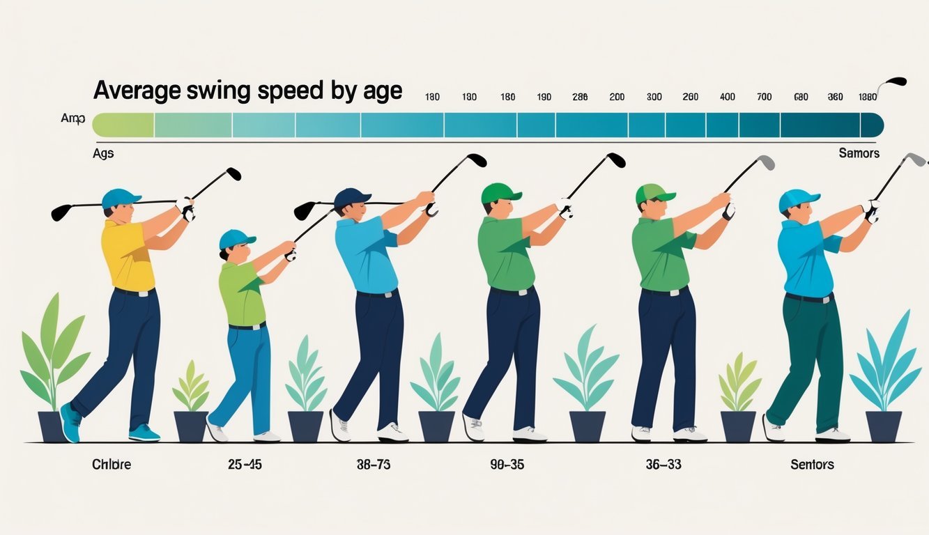 Illustration showing people of different ages swinging golf clubs, with visual bars indicating average swing speed changes across age groups.