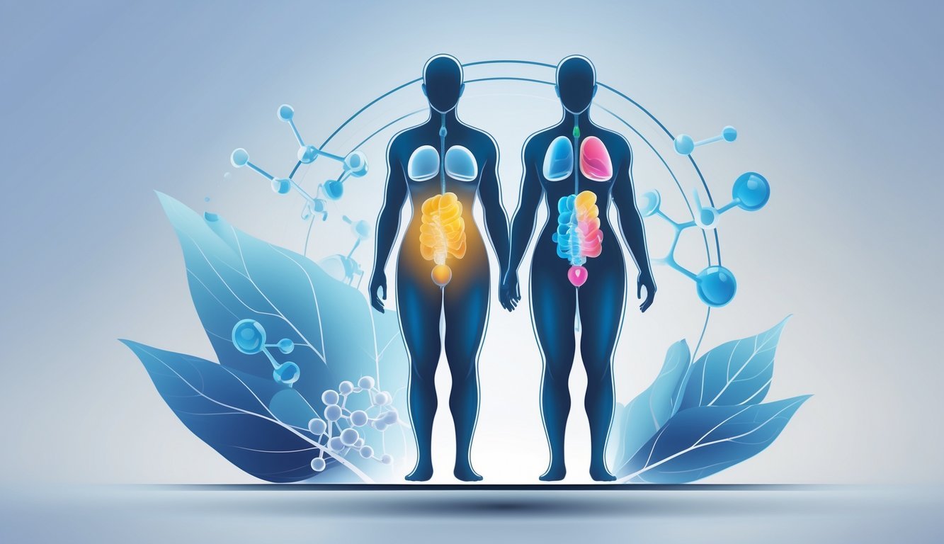 Illustration showing a human figure transforming from heavier to slimmer, representing weight loss with scientific elements around.