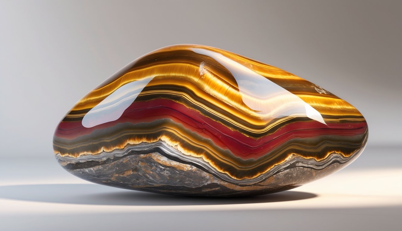 A polished tiger iron gemstone showing layered bands of golden, red, and metallic gray colors.