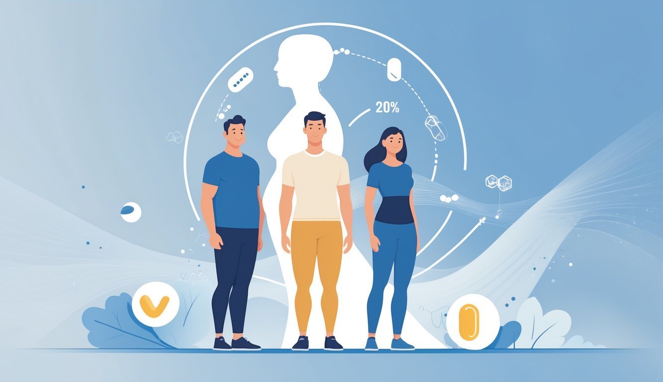 Two healthy adults standing side by side with a fading silhouette behind them showing weight loss, surrounded by medical symbols representing the effects of a new obesity drug.