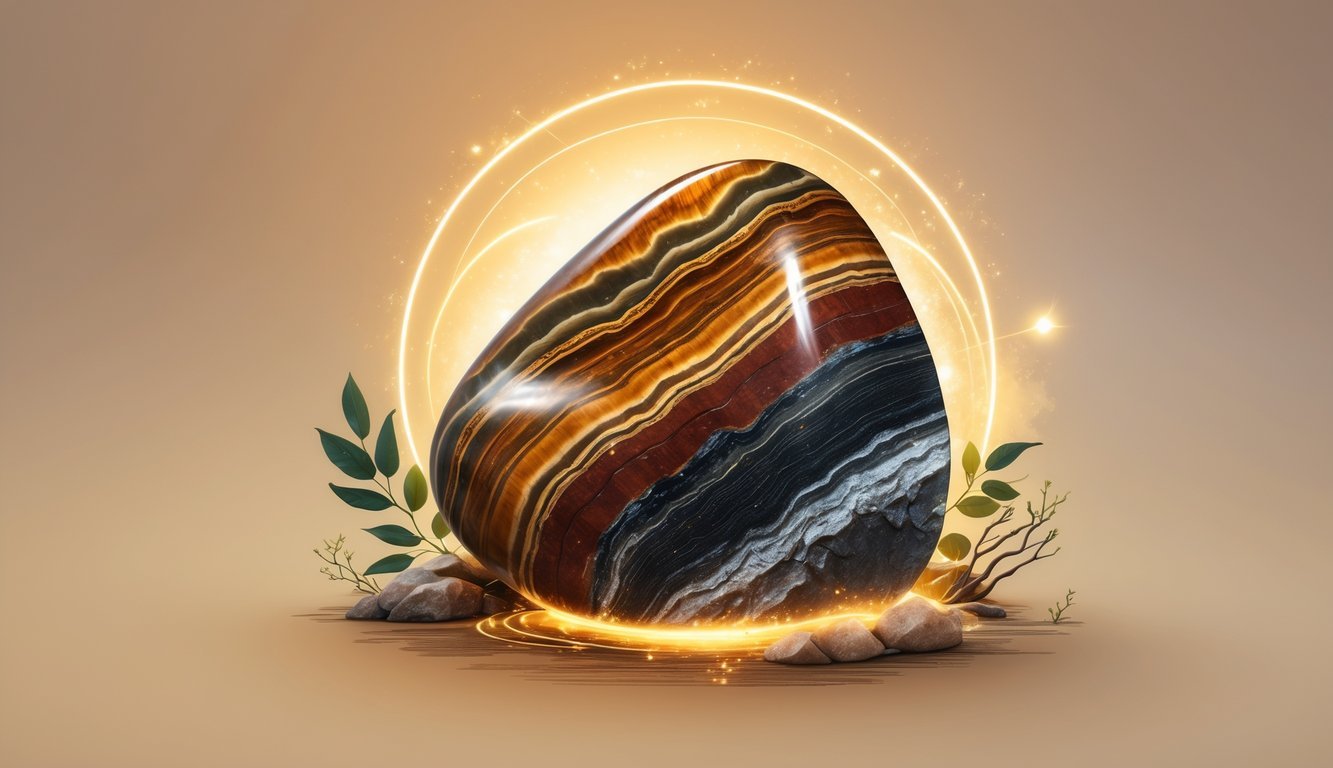 A close-up of a polished Tiger Iron stone showing layered bands of gold, red, and black, surrounded by natural elements and a warm earthy background.