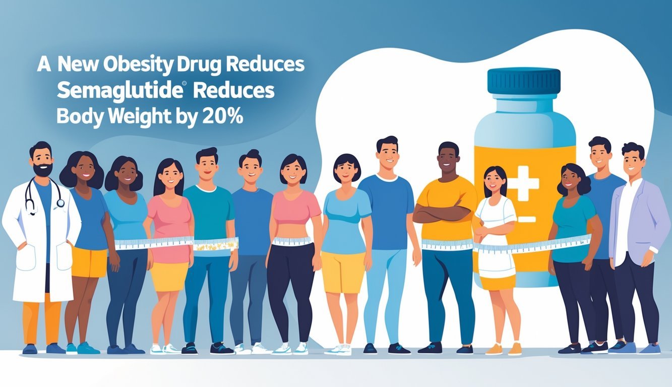 A group of diverse healthy adults standing confidently with subtle signs of weight loss, alongside a medicine bottle representing a new obesity drug.