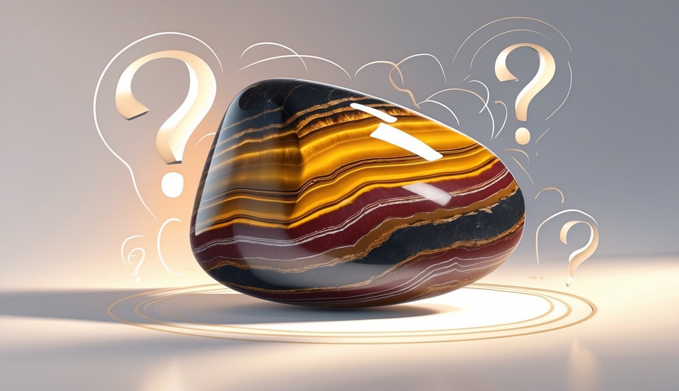A polished tiger iron gemstone with layered bands of gold, red, and dark colors, surrounded by subtle question mark symbols on a clean background.