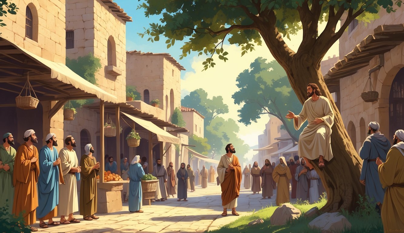 Jesus looking up at Zacchaeus in a tree while townspeople watch in an ancient town setting.
