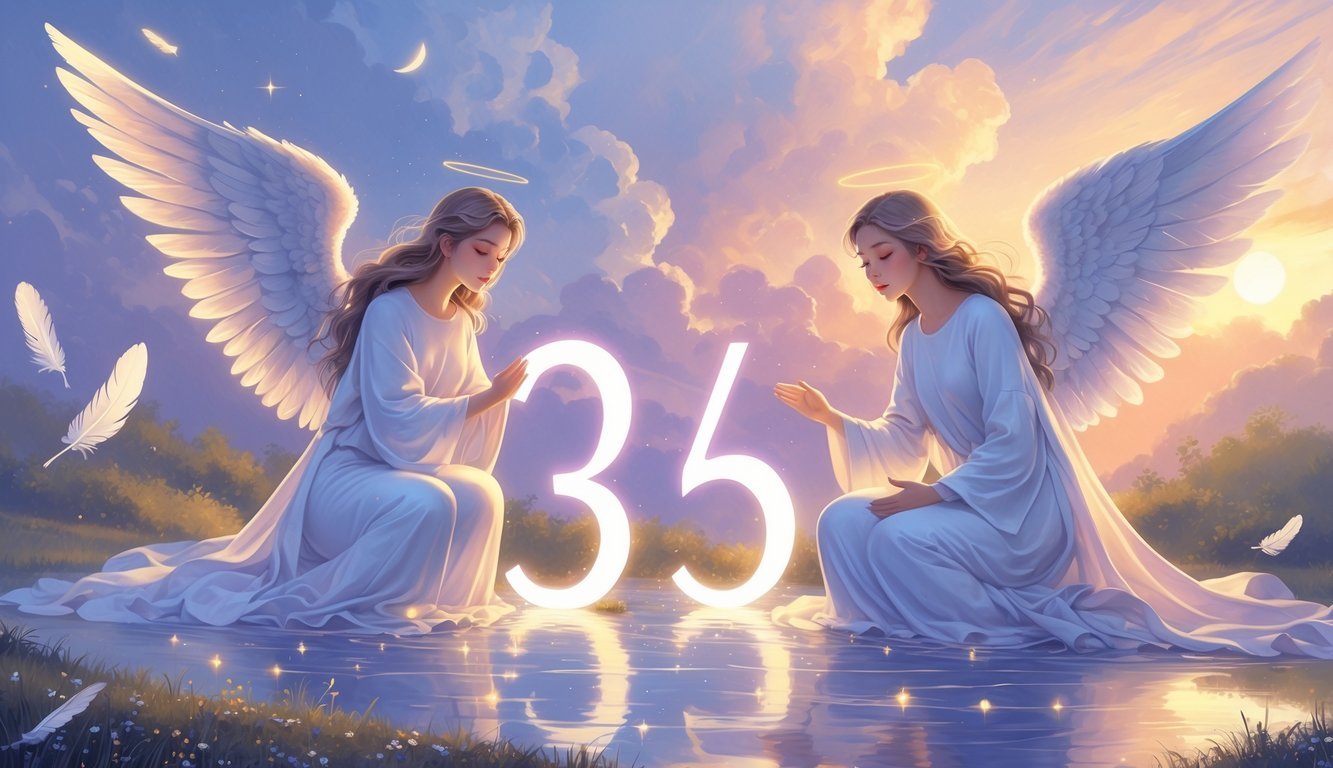 A serene landscape with glowing angelic figures surrounding the numbers 3, 4, and 5 made of light, symbolizing spiritual guidance and new beginnings.