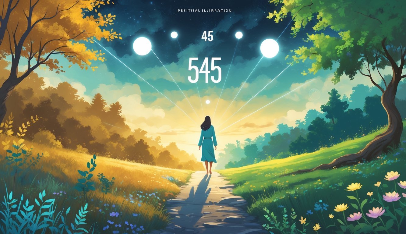 A person stands on a path moving from a dark forest into a bright, blooming landscape under a sky shifting from dusk to dawn, surrounded by glowing orbs and natural elements symbolizing spiritual energy and transformation.