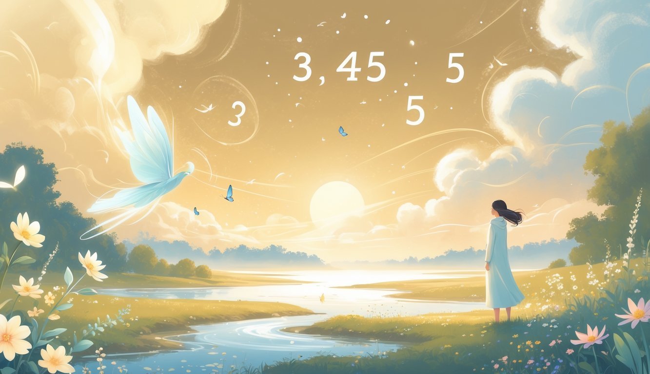 A person standing in a peaceful natural setting at dawn, surrounded by glowing lights and soft clouds shaped like numbers, with flowers, butterflies, and flowing water around them.