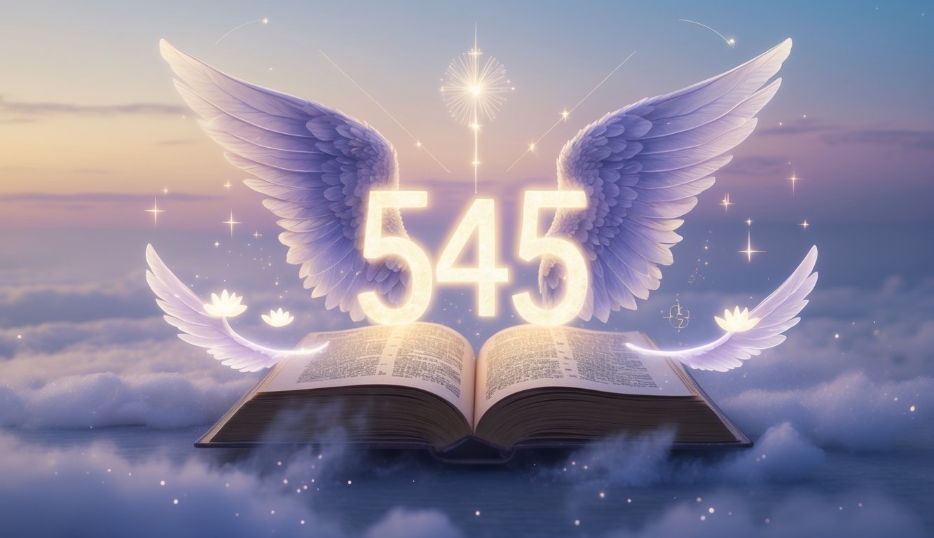 A glowing number 545 floating above an open ancient book with angel wings in a peaceful dawn sky surrounded by spiritual symbols.