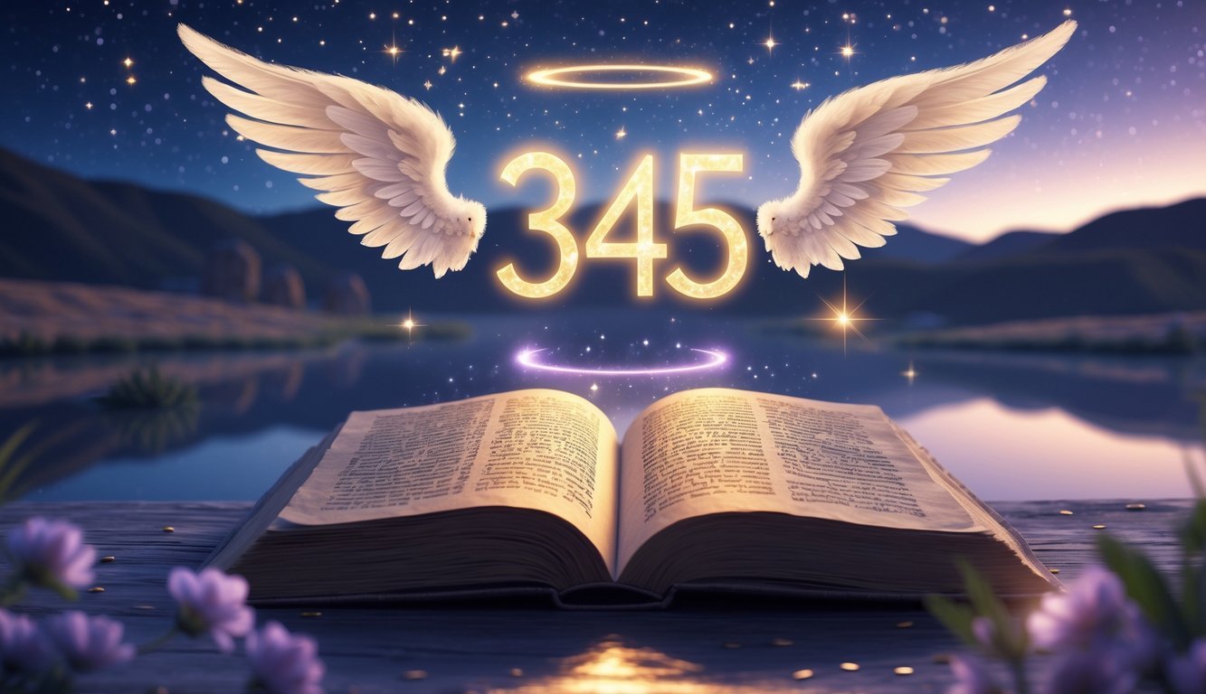 A glowing number 345 floating above an open ancient book surrounded by angel wings and soft light, set against a twilight sky over a calm river and hills.