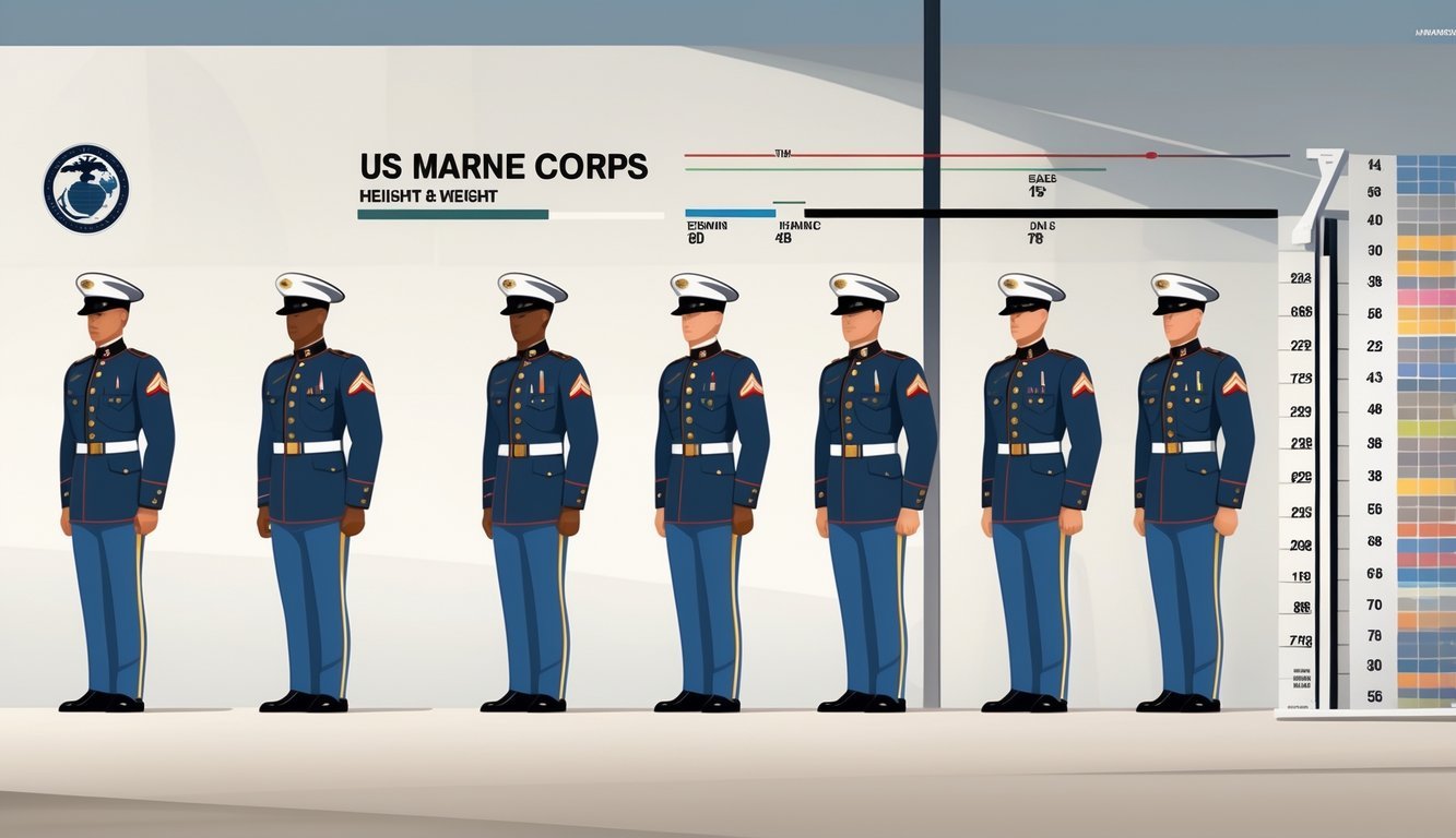 A group of US Marines in dress blue uniforms standing side by side next to a chart showing height and weight ranges.