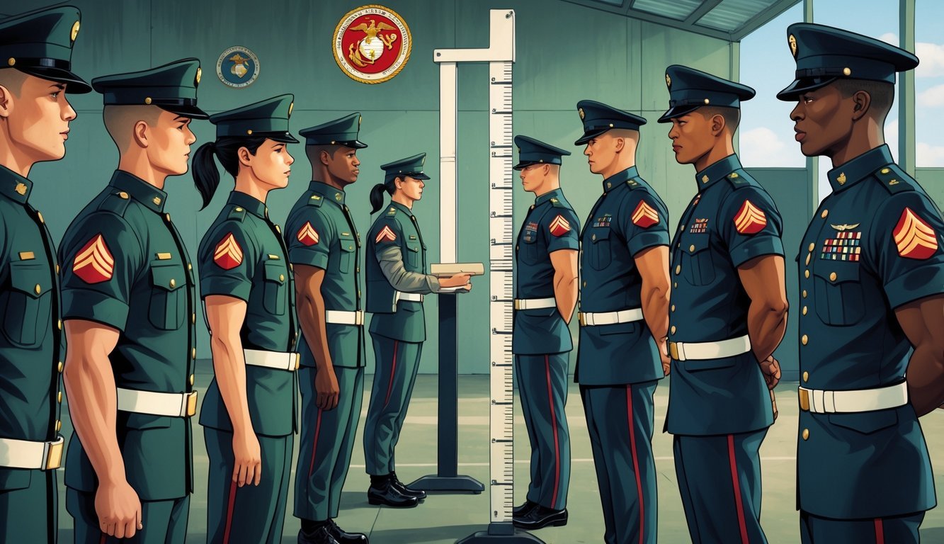 Marines in uniform being measured for height and weight inside a training facility, showing a diverse group of service members undergoing physical assessments.