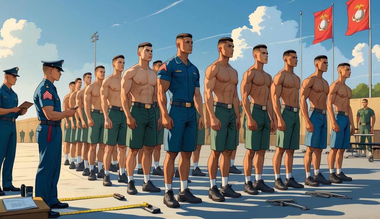 A group of U.S. Marine Corps recruits standing in formation outdoors while an instructor observes and takes notes.