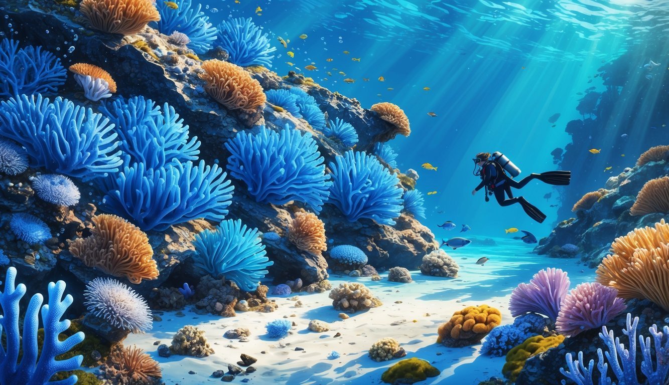 Underwater scene showing vibrant blue coral with diverse marine life, alongside areas of damaged coral and a diver observing the reef.